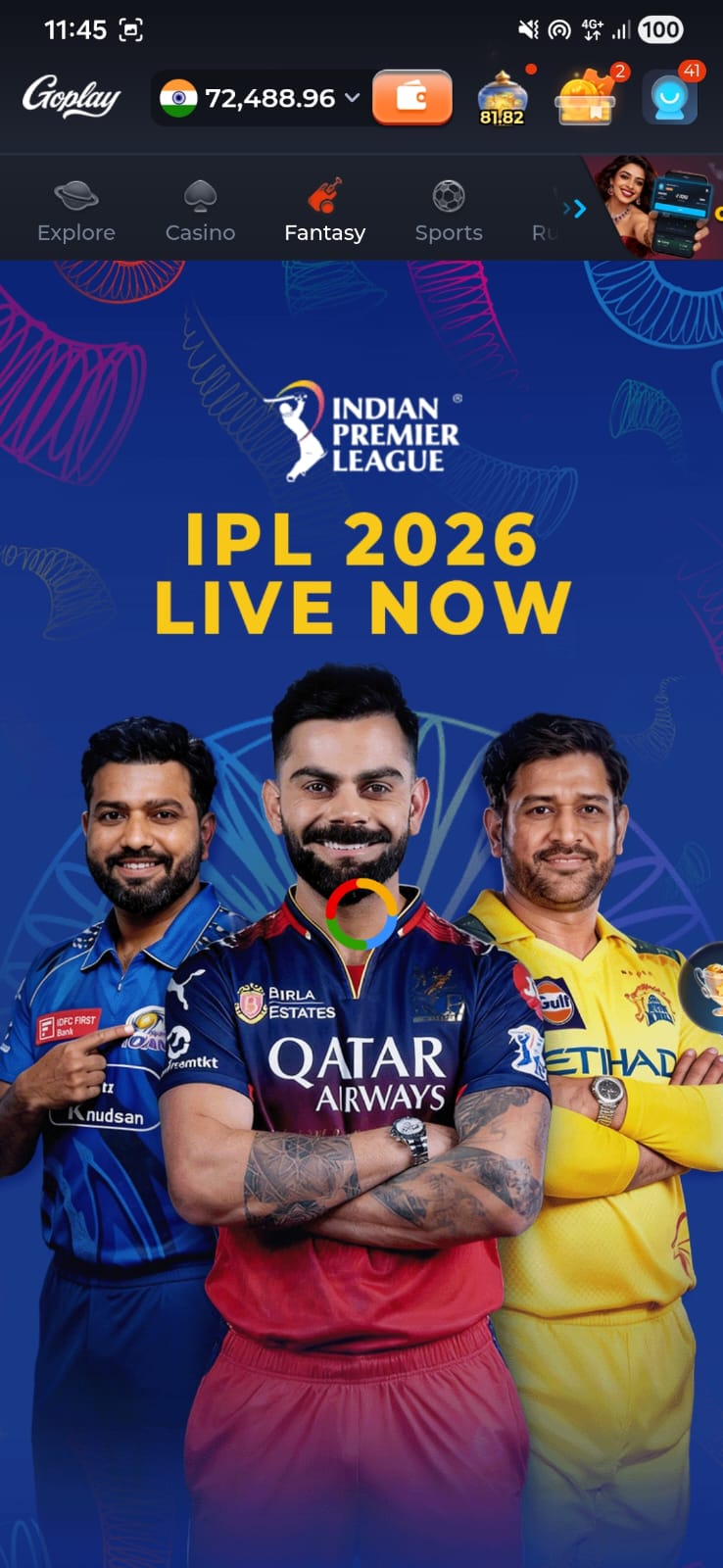 GoPlay fantasy cricket IPL gaming dashboard